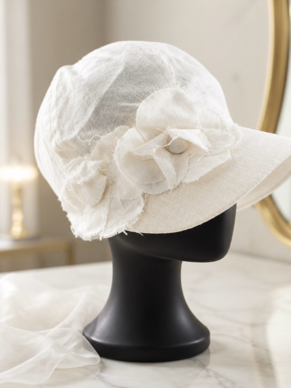 Chic Cream Women's Hat with Floral Detail